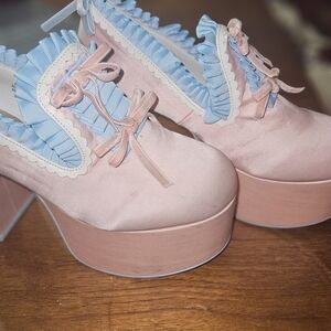 Elegant Pink and Blue Ruffled Lolita Platform Shoes
